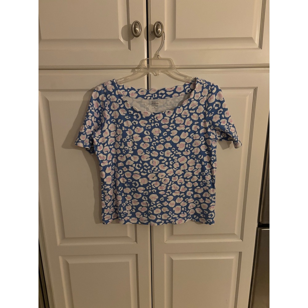 Kim Rogers Perfectly Soft Blue Pink Leopard Print Cotton Scoop Neck Tee Womens S